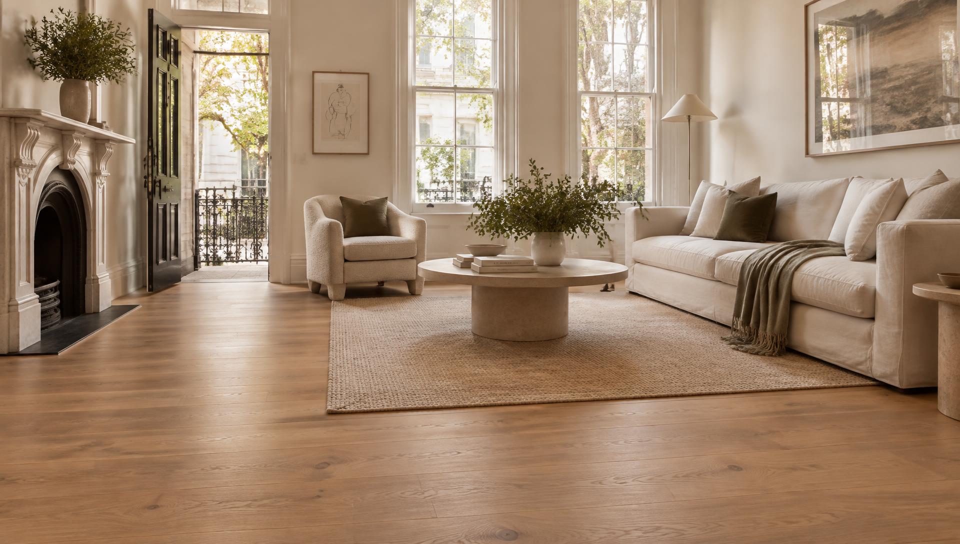 Sunlit living room with wide natural oak timber flooring